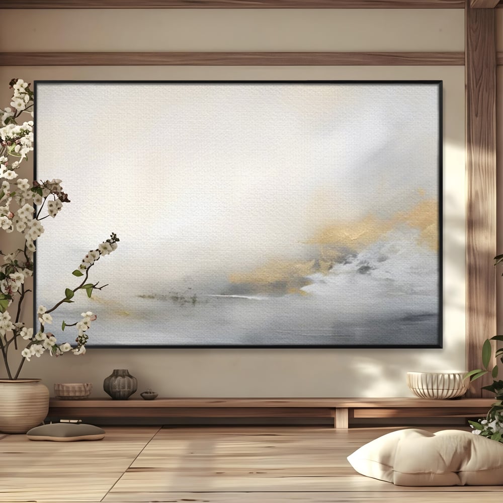 Tablou canvas cu tablou abstract cu ceata si nuante aurii, in rama de aluminiu negru